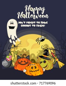 Happy Halloween vector greeting card with spooky and scary Jack o lantern.