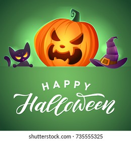 Happy Halloween. Vector greeting card. Angry kitten. Scary pumpkin and mystic hat