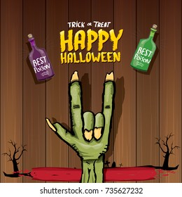Happy halloween vector greeting card with zombie hand and greeting text on dark wooden background. vector halloween background