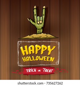 Happy halloween vector greeting card with zombie hand and greeting text on dark wooden background. vector halloween background