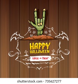 Happy halloween vector greeting card with zombie hand and greeting text on dark wooden background. vector halloween background