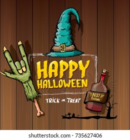 Happy halloween vector greeting card with zombie hand and greeting text on dark wooden background. vector halloween background