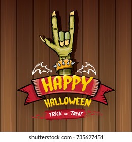 Happy halloween vector greeting card with zombie hand and greeting text on dark wooden background. vector halloween background