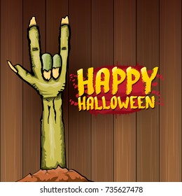 Happy halloween vector greeting card with zombie hand and greeting text on dark wooden background. vector halloween background