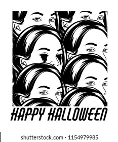 Happy halloween. Vector hand drawn illustration of girl with bleeding eyes in crowd . Surreal tattoo artwork. Template for card, poster. banner, print for t-shirt, pin, badge, patch.