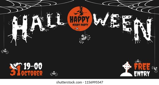 Happy Halloween vector hand drawn lettering with splash. Greeting card  calligraphy with spiders and web, tomb, witch hat for holiday banner, poster or invitation. 