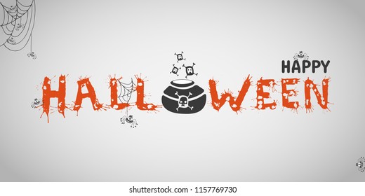 Happy Halloween vector hand drawn lettering with splash. Greeting card  calligraphy with spiders and web,  witch pot for holiday banner, poster or invitation. 