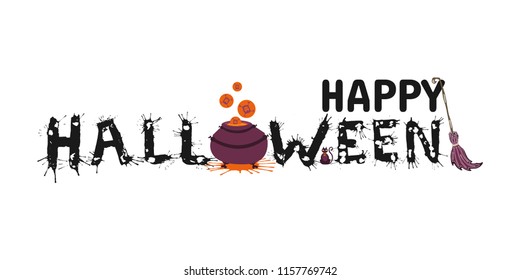 Happy Halloween vector hand drawn lettering with splash on white background. Greeting card  calligraphy with spiders and web,  witch pot and broom for holiday banner, poster or invitation. 