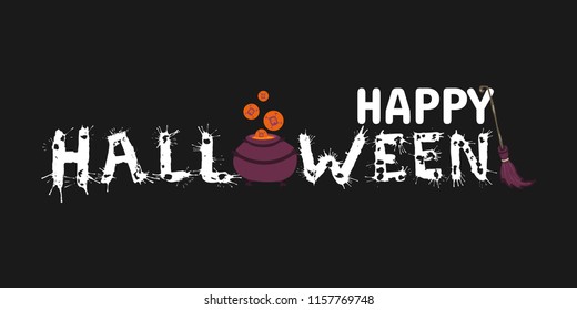 Happy Halloween vector hand drawn lettering with splash on black background. Greeting card  calligraphy with spiders and web,  witch pot and broom for holiday banner, poster or invitation. 