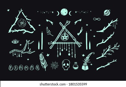  Happy  Halloween Vector hand drawn set. Witchcraft elements: skull, candles, poition, pentagram