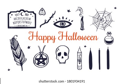  Happy  Halloween Vector hand drawn set. Witchcraft elements: skull, candles, poition, pentagram