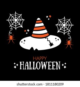 Happy Halloween vector hand drawn greeting card, illustration with witch hat and cute little spiders of spider web.