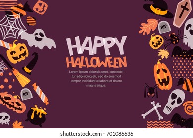 Happy Halloween vector horizontal banner with hand drawn doodle pumpkin, skull, witch hat, bones, candies, ghost, broom, cauldron. Design for holiday greeting card, poster, party invitation