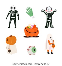 Happy Halloween vector icon set. Costumes for Halloween and a pumpkin basket with candies. Cartoon set of halloween elements, a ghost costume, a skeleton costume, a zombie eye and arm