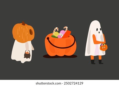 Happy Halloween vector icon set. Costumes for Halloween and a pumpkin basket with candies. Cartoon set of halloween elements, a ghost costume, a skeleton costume, a zombie eye and arm