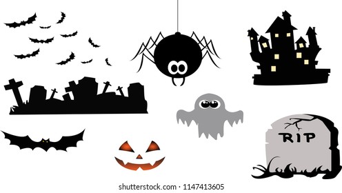 Happy Halloween Vector Icons Objects
Bat,spider,The castle of the witch,tomb
,Ghost,pumpkin,Graves White background.