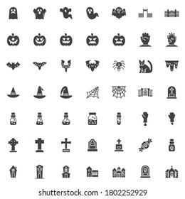 Happy Halloween vector icons set, modern solid symbol collection, filled style pictogram pack. Signs, logo illustration. Set includes icons as scary ghost, pumpkin, flying bat, spider, haunted house