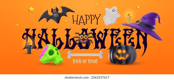 Happy halloween vector illustration in 3d cartoon style. Holiday realistic background for party banner, cover, poster. Funny scary toy characters. Minimal cute bright composition.