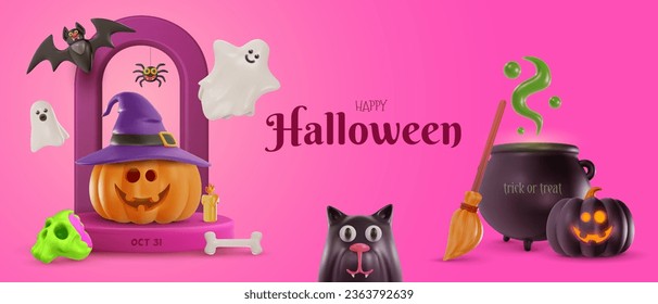 Happy halloween vector illustration in 3d cartoon style. Holiday realistic background for party banner, cover, poster. Funny scary toy characters. Minimal cute bright composition.