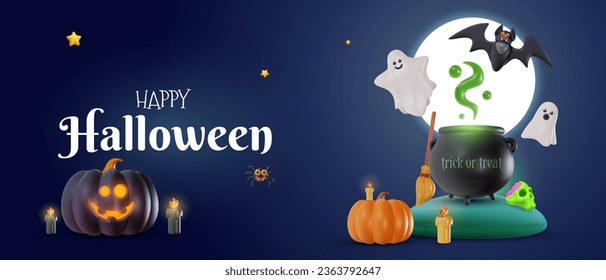 Happy halloween vector illustration in 3d cartoon style. Holiday realistic background for party banner, cover, poster. Funny scary toy characters. Minimal cute bright composition.