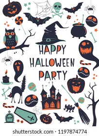 Happy Halloween Vector illustration background frame border pattern greeting card pumpkin jack lantern, ghost, spider, bat, witch hat, cat, broom, cauldron, owl, castle. Flat silhouette style