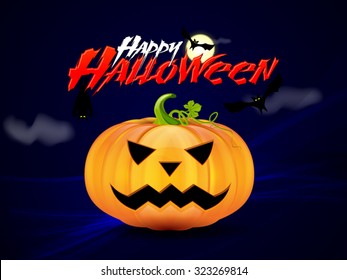 Happy Halloween vector illustration background
with scary pumpkin, clouds, wave, bats