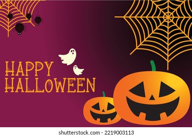 Happy Halloween. Vector illustration. Banner, party invitation or wallpaper background for halloween with creepy spiders hanging from web, spooky flying ghosts and smiling pumpkins.  Place for text.