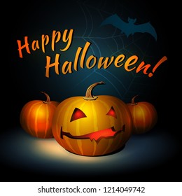 Happy halloween vector illustration with bat and pumpkin. Composition of vegetables, bat and web with horror character and tagline. Realistic light and shadow. Cover print design.