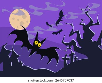 Happy Halloween vector illustration with bat characters elements. Trick or treat text. Holiday vector poster, print.