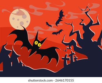 Happy Halloween vector illustration with bat characters elements. Trick or treat text. Holiday vector poster, print.
