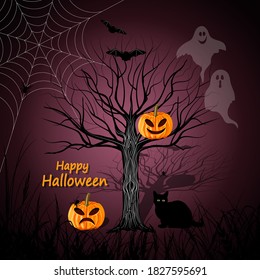 Happy Halloween vector illustration with black cat, tree, pumpkins, ghost and bats.