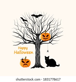Happy Halloween vector illustration with black cat, tree, pumpkins and bats.