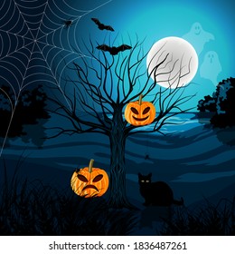 Happy Halloween vector illustration with black cat, tree, pumpkins, ghost and bats.