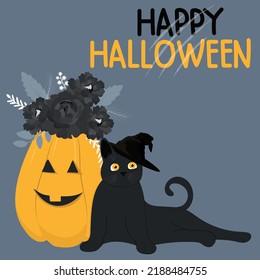 Happy Halloween vector illustration. A black cat with pumpkin.
