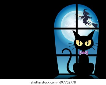 A Happy Halloween vector illustration with a black cat by the window. 