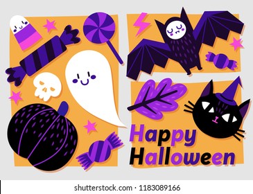 Happy halloween - vector illustration of halloween card with cute black cat, bat, ghost, pumpkin, skull and treats in vibrant colours and fun style.