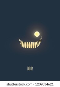 Feliz tarjeta de ilustración vectorial de Halloween con una sonrisa monstruosa brillando en la noche oscura, boca llena de dientes aterradores. Plantilla de tarjeta de invitación de la parte. Ilustración vectorial Eps10.