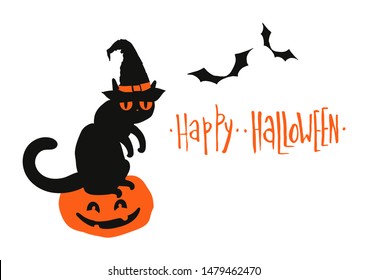 Happy Halloween vector illustration card banner design with cute cartoon character annoyed cat in witch hat, sitting on pumpkin lantern, bats isolated on white.