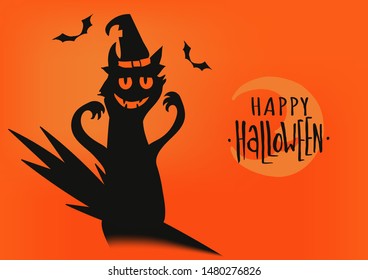 Happy Halloween vector illustration card banner design with cute cartoon character scary cat in witch hat, surrounded by bats and moon.