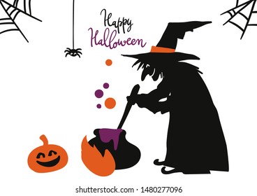 Happy Halloween vector illustration card banner design with cute cartoon character witch boiling a potion, pumpkin lantern, spider webs.
