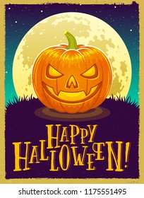 Happy  Halloween vector illustration of a carved pumpkin lantern against the full moon in the night with text