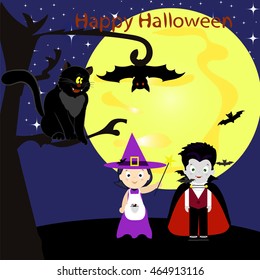 Happy Halloween vector illustration. Children in costumes. The witch and vampire