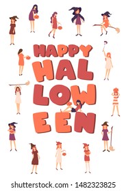 Happy Halloween vector illustration with colorfull lettering and young people in Halloween costumes. Happy Halloween poster, banner, party invitation, greeting card