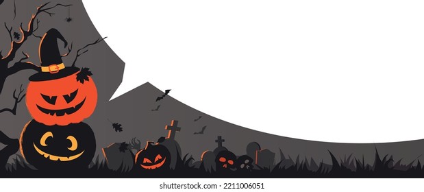 Happy Halloween vector illustration with cute evil pumpkins. Halloween night poster with scary cemetery, moon, tree, bats.