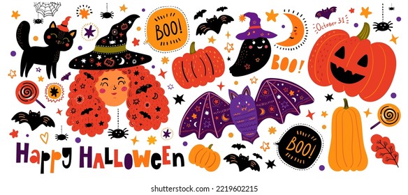 Happy Halloween. Vector illustration with cute symbols of Halloween