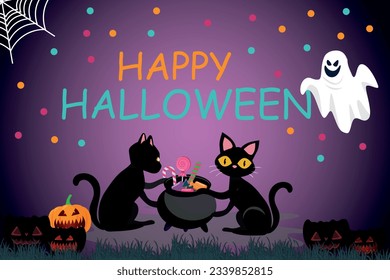 Happy Halloween vector illustration with cute cats, ghost, pumpkins and sweets. Poster template design on purple background