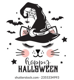 Happy Halloween vector illustration. Cute cat face in witch hat with bats, stars and spider. Girls Halloween design isolated.