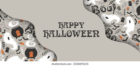 Happy Halloween vector illustration with cute ghosts, witch cauldrons, bats, skulls pattern isolated on grey background. Design for card, poster, advertising, invitation, banner