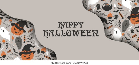 Happy Halloween vector illustration with cute pumpkins in witch hat, ghost, sweets, bats, skulls pattern isolated on grey background. Design for card, poster, advertising, invitation, banner