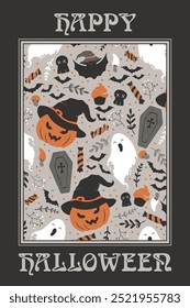 Happy Halloween vector illustration with cute pumpkins in witch hat, ghost, sweets, bats, skulls pattern in frame isolated on black background. Design for card, poster, invitation, banner